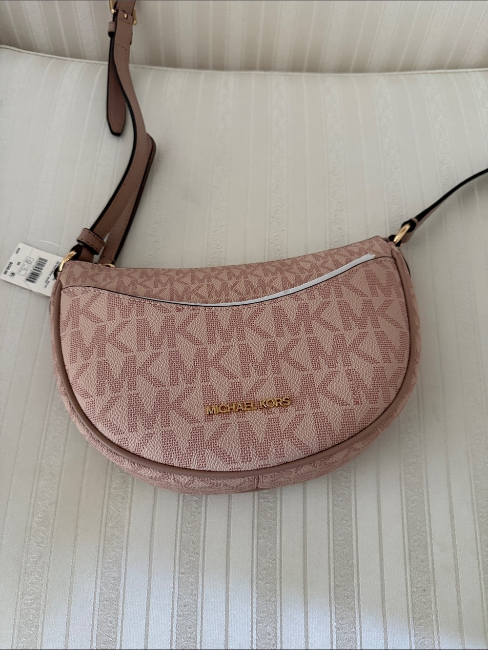Michael Kors Blush Signature Crescent Crossbody with Gold Hardware